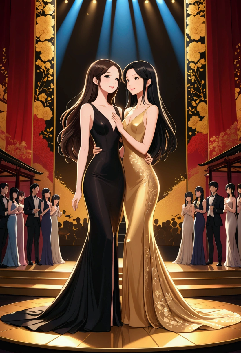 TWO beautiful women in Anime Illustration style, deeply in love. One with long, straight brown hair, delicate British features, dressed in a beautiful, long, elegant, tight, floor-length black dress, and the other is Asian, with long, straight black hair, dressed in a tight, elegant, floor-length gold dress. They are on a stage singing together. They are radiant and happy. illustration, 3d render, photography, realistic, anime, photography. , poster, fashion, portrait photography