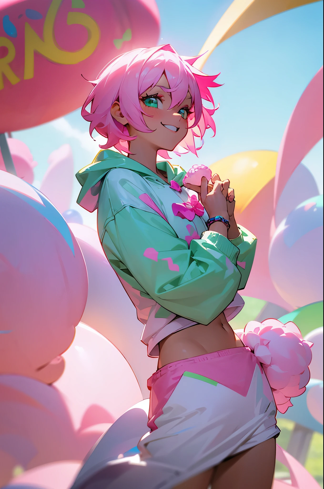 - Pastel pink skin, green eyes, enthusiastic teenager, lively smile, afternoon, 10k resolution, carnival, bright lights, short hair, full-body shot, vibrant hoodie, excited look, rose quartz bracelet, fit build, no tattoos, cotton candy in hand, sneakers, upper body, cowboy shot