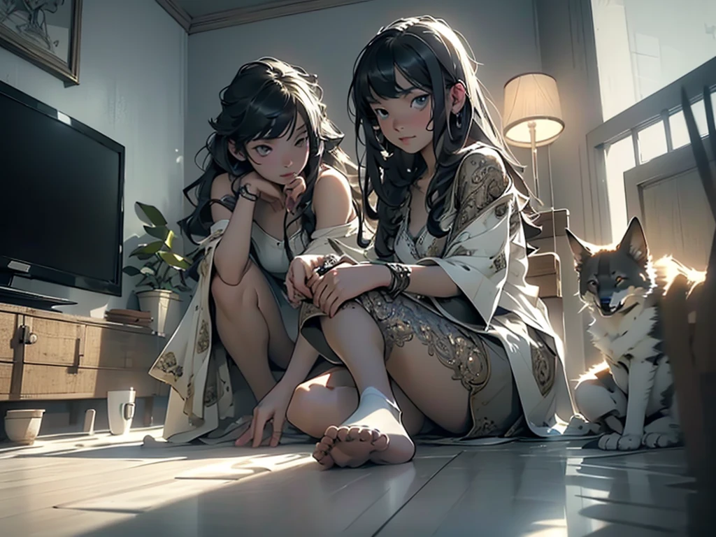 girl plays on gamepad sitting on armchair in front of tv, summer outside open window, dog lies next to girl's feet, long hair, intricate detail, cinematic lighting, amazing quality, amazing shading, detailed Illustration, official artwork, wallpaper, official art, extremely detailed eyes and face, beautiful detailed eyes