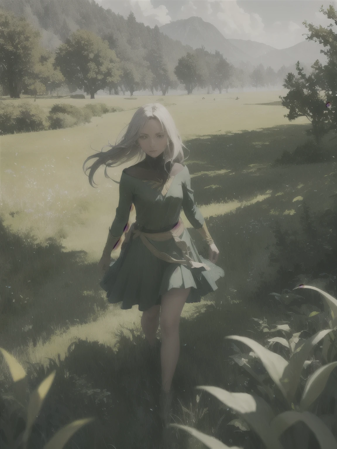 In a green meadow stands a girl leading a group of knights.
BREAK With a brave expression, she guides them towards their destiny.
BREAK Behind her, a green forest stretches and beyond, montanhas se erguem ao longe.
BREAK The most appropriate effect for this scene would be a watercolor painting technique to capture the softness of the meadow and the fluidity of movement.