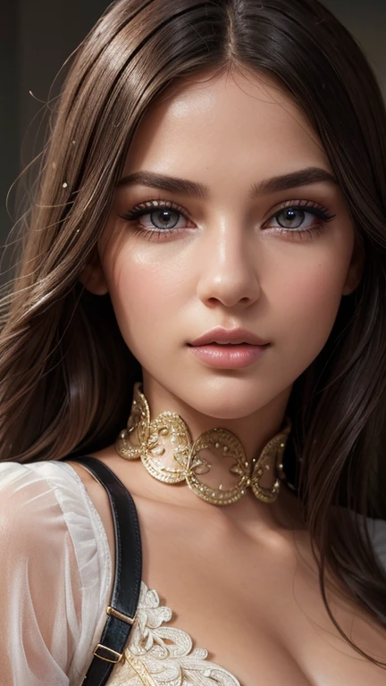 A girl, Full body shot, very sexy body, 1 girl, beautiful detailed eyes, beautiful detailed lips, Extremely detailed face and eyes, long eyelashes, detailed skin and hair, intricate collar, high fashion, elegant, detailed clothing, Soft lighting, cinematographic, photorealist, 8k, High resolution, masterpiece, ultra detailed, realist, vivid colors, warm color palette