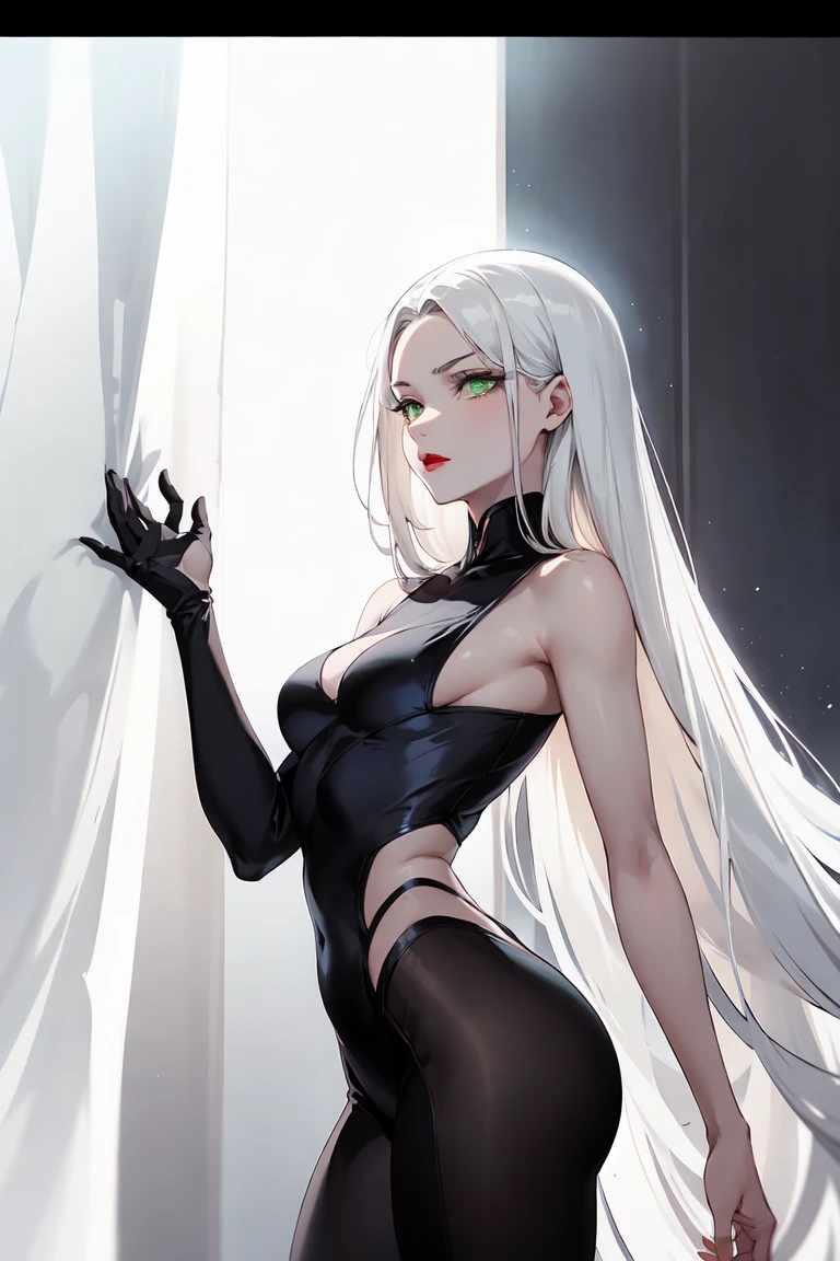 long white hair, possibly with loose locks framing her face. intense green eyes, with a mysterious and penetrating shine. Pale and soft skin, with a slim and elegant build. Oval face, with high cheekbones and a thin nose. Thin, dark red lips. Face with a more feminine and delicate design. A tight black suit, and a silhouette that enhances your feminine figure. An ethereal and mysterious presence, with an aura of power and elegance
