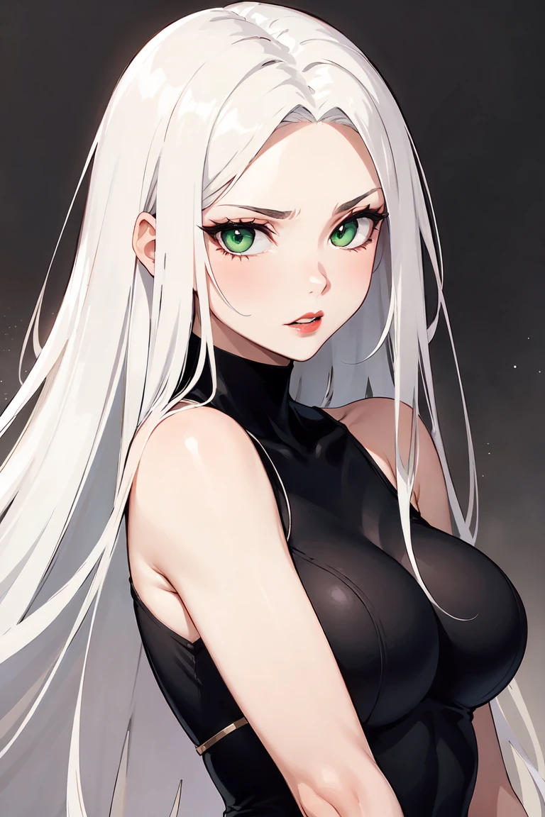 long white hair, possibly with loose locks framing her face. intense green eyes, with a mysterious and penetrating shine. Pale and soft skin, with a slim and elegant build. Oval face, with high cheekbones and a thin nose. Thin, dark red lips. Face with a more feminine and delicate design. A tight black suit, and a silhouette that enhances your feminine figure. An ethereal and mysterious presence, with an aura of power and elegance