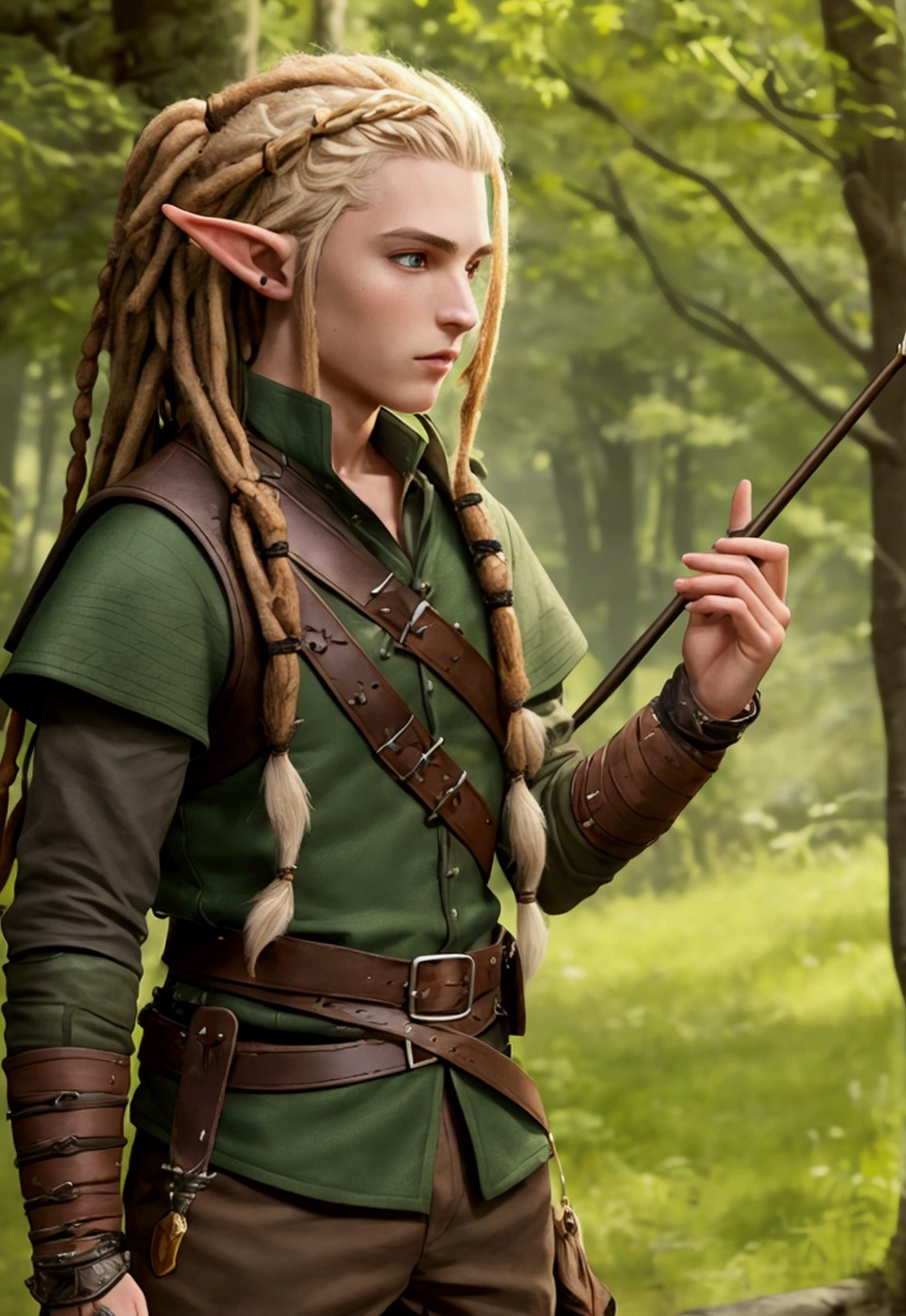 make a character of D&D young man a half-elf woodland Ranger, with dreadlocks in the hair behind, with leather armor and a bow in hand.