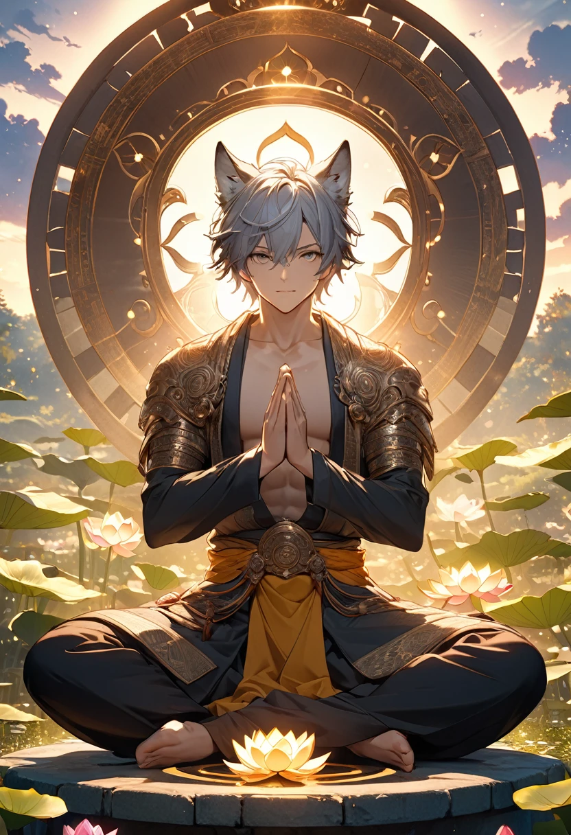novel illustration, cover page, highres, top quality, best quality, paid reward available, unparalleled masterpiece, perfect artwork, absurdres, High-quality illustrations, super high resolution, detailed background, perfect anatomy, male wolf monk in the garden,dreamy background,lotus position,put one's palms together,The Sanskrit golden wheel behind it,Flying golden Sanskrit,kindness, divinity, divine light, holy light, boundless light, magnificent sunset background, octane render, gorgeous features, beautifully detailed eyes,intricate fur, detailed face, perfect skin texture,extreme details, full body view, cinematic lighting, professional lighting, centered, looking at camera, 8k,shot with Hasselblad X1D-50, maximum focus, depth of field, perfect lighting, light particles, sharp focus,light particles