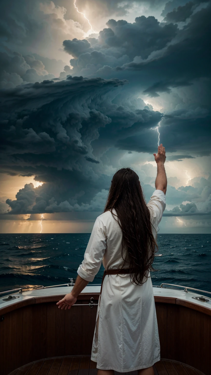 A pious man with long hair is standing on a boat with both hands raised above the sea. The sky is covered with dark clouds.back view,back view,Hyper-realistic photography, gentle soft natural lightning, real photo,Cinematic style,realistic environment,low contrast, 32k resolution , highly detailed, realistic dress. Ultrarealistic water, hills