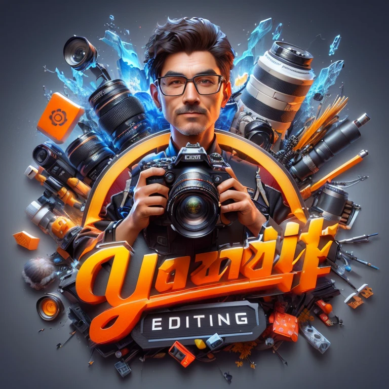 a man holding a camera with a bunch of different objects around him, for hire 3d artist, 3 d artist, professional photoshop artwork, photo - editing, realistic 3 d style, proffesional illustration, detailed digital 3d art, stylized 3 d graphics, stunning digital illustration, by Daryush Shokof, 3 d epic illustrations