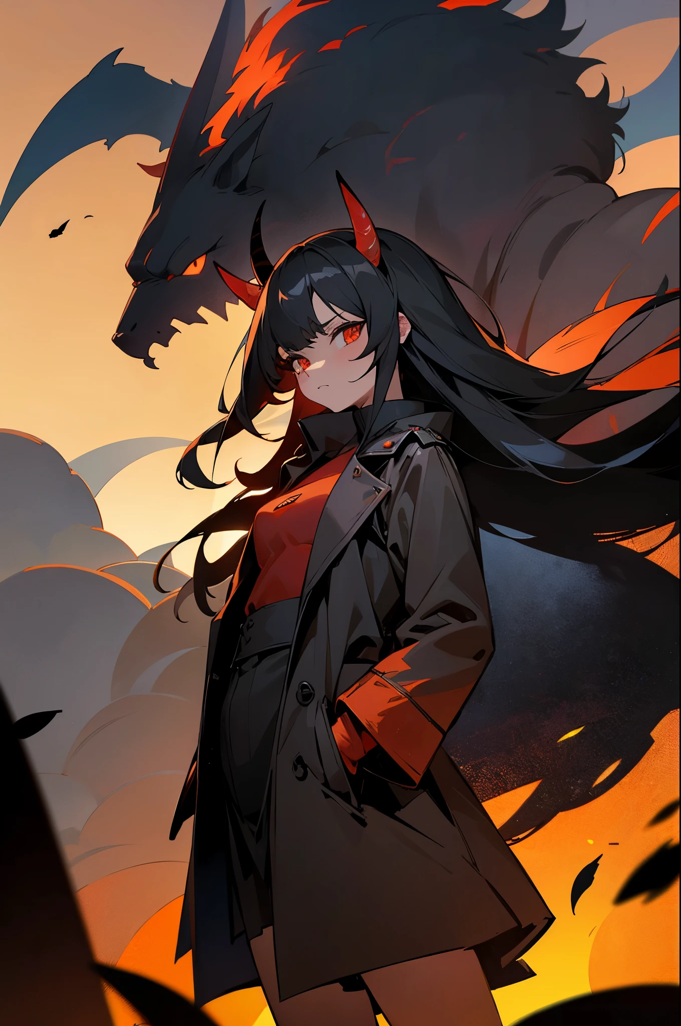 score_9, score_8_up, score_7_up, score_6_up, score_5_up, score_4_up,source_anime, source_furry,rating_safe, BREAK ,1girl\((red skin ogre\(horn\)),no clothes, long black hair, red slit eyes, long eyelashes,black trench coat\(long,(black:1.5)\), tanned skin, hands in pockets, lethargic face, dark circles under her eyes\) is looking down at viewer, many black feathers in the sky,golden hour,(very dark night:1.3),no light,(from below:0.5)
