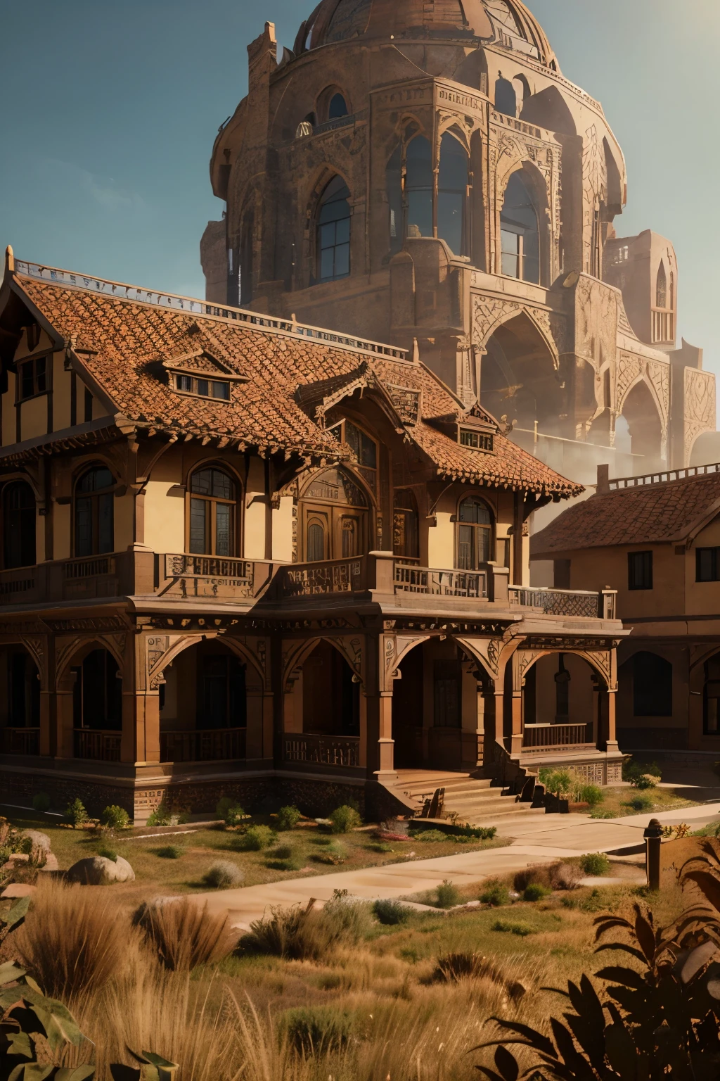 a traditional building with arches, lattice details, green roofs, brick materials, warm rust colors, shades of brown and beige, highly detailed, photorealistic, 8k, masterpiece, architectural illustration, dramatic lighting, volumetric fog, intricate patterns, ornate decorations