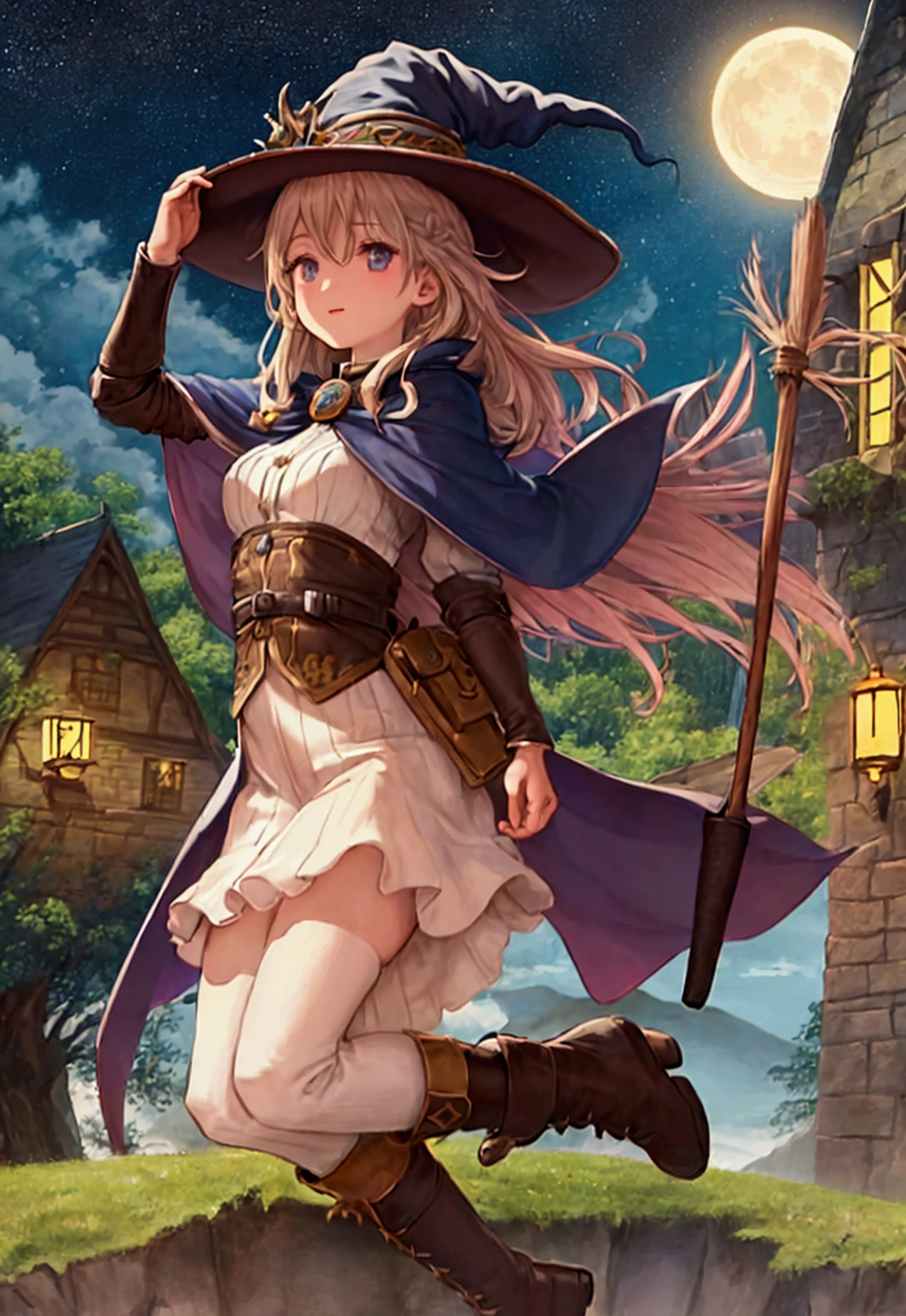 artwork, best quality, ultra-detailed, illustration, 1 girl, alone, fantasy, flying, broom, night sky, outdoors, magic, spells, moon, stars, clouds, wind, hair, cape, hat, boots, broomstick, bright, mysterious, charming, whimsical, playful, adventurous, , wonder, imagination, determination, skill, speed, movement, energy, realism, naturalistic, figurative, representative, beauty, fantasy culture, mythology, fairy tales, folklore, captions, witches, wizards, magical creatures, fantasy worlds, composition, scale, foreground, middle ground, background, perspective, light, color, texture, detail, beauty, wonder.