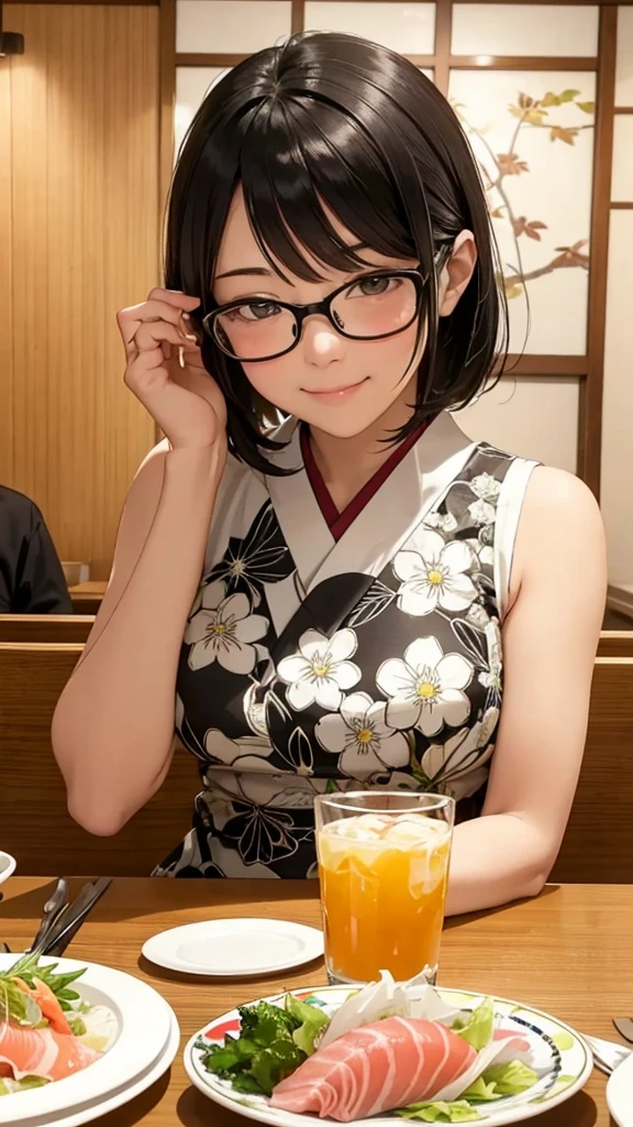 Create an image of a woman seen from the front. While sitting at the dining table in a Japanese restaurant She wears silver-rimmed glasses and has short black hair. The young woman wore a black and white floral sleeveless dress. Her face showed happiness and tenderness. She placed one hand on the table and smiled friendlyly. On the table were beautifully arranged Japanese plates, including raw fish. (Sashimi) Bright colors are placed on the leaves arranged in patterns. The atmosphere in the restaurant is warm and relaxed. The back wall has a light brown wood pattern and frosted glass that gives it a simple and warm feel.