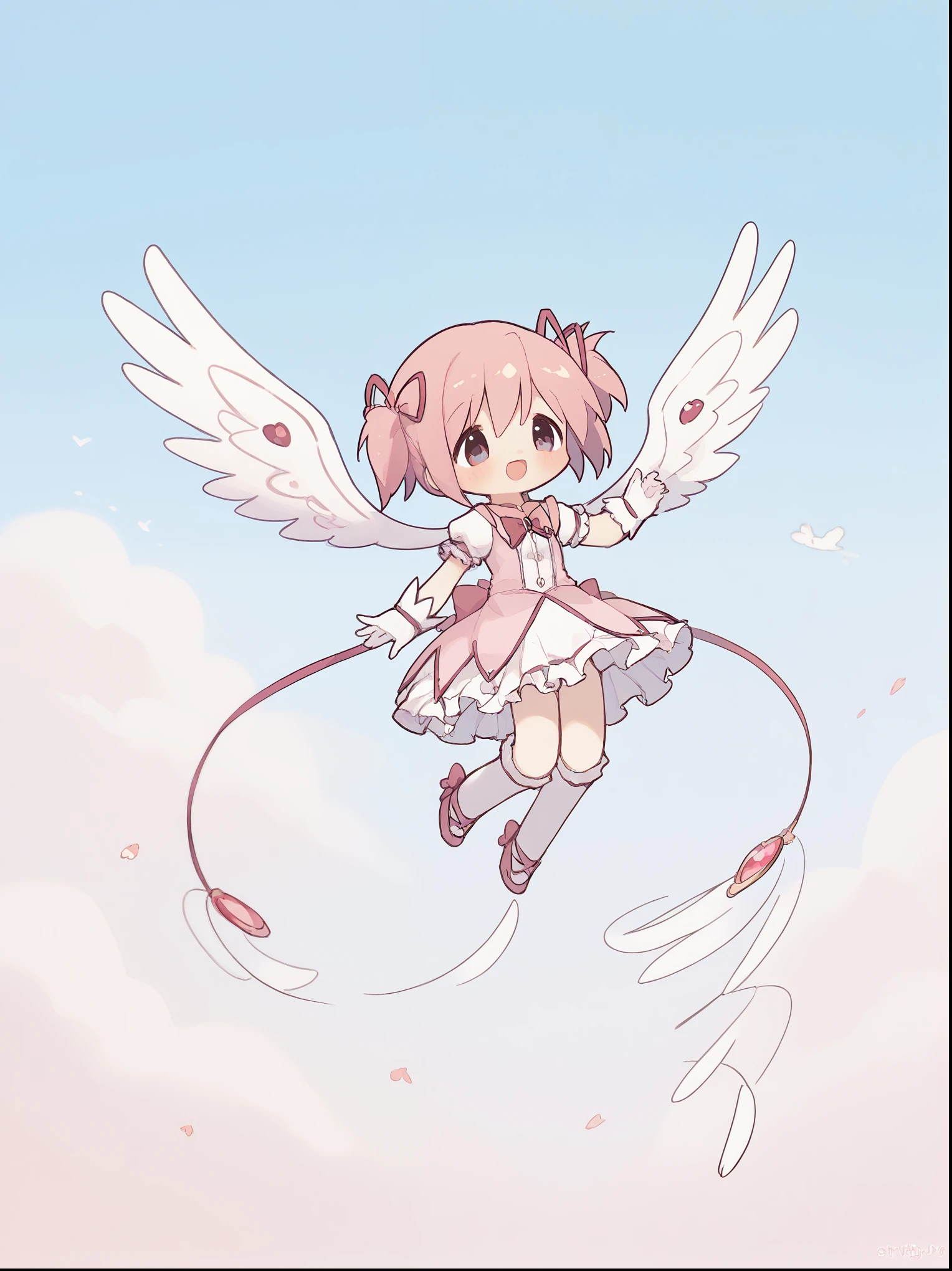 madoka magica, magical girl, happy 4k、suprised、outside、in sky、flying