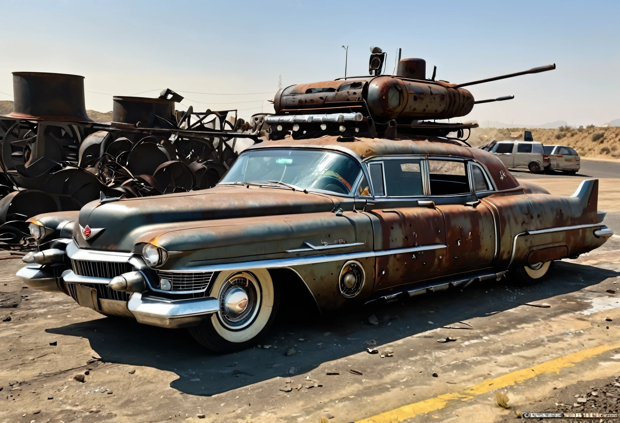 Create a diagonal and accurate image of an 18 year old girl with sunglasses leaning next to an old rusty and dirty 1955 Cadillac Eldorado with METAL spikes on the hood, War vehicle, WITH MANY SKEWERS AROUND the bodywork. WIDE AND THICK DIRTY WHEELS, front with a broken, blood-stained metal spiked anti-zombie grille with several rusty spikes; military style with modifications and metal protection, war tank style, broken and dirty headlights, the car races on a destroyed white concrete overpass in the center of a post-apocalyptic city with many ruined ultra futuristic cylindrical buildings around, steampunk car, dramatic art, dieselpunk art style, apocalyptic road warrior vibe, surreal digital art, mad max inspired, heavy metallic artwork, chrome grille symmetry, arte steampunk digital, It&#39;s not the Mad Max style, metallic art, is not Filip Hodas; artwork style, steampunk digital art, dieselpunk, in a hightech world, photo on the diagonal, there&#39;s an 18 year old girl with sunglasses leaning next to the rusty cadilac. there&#39;s an 18 year old girl with sunglasses leaning next to the rusty cadilac. 