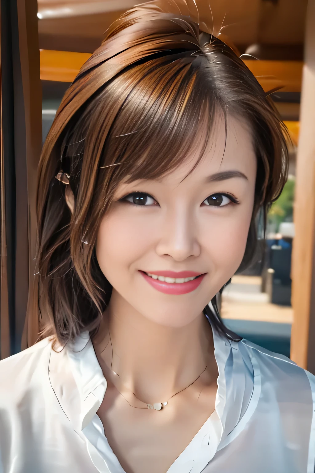 light brown hair, grin, side swept bangs, folded ponytail, depth of field, Nikon, pov, cowboy shot, UHD, masterpiece, anatomically correct, high quality, 8k