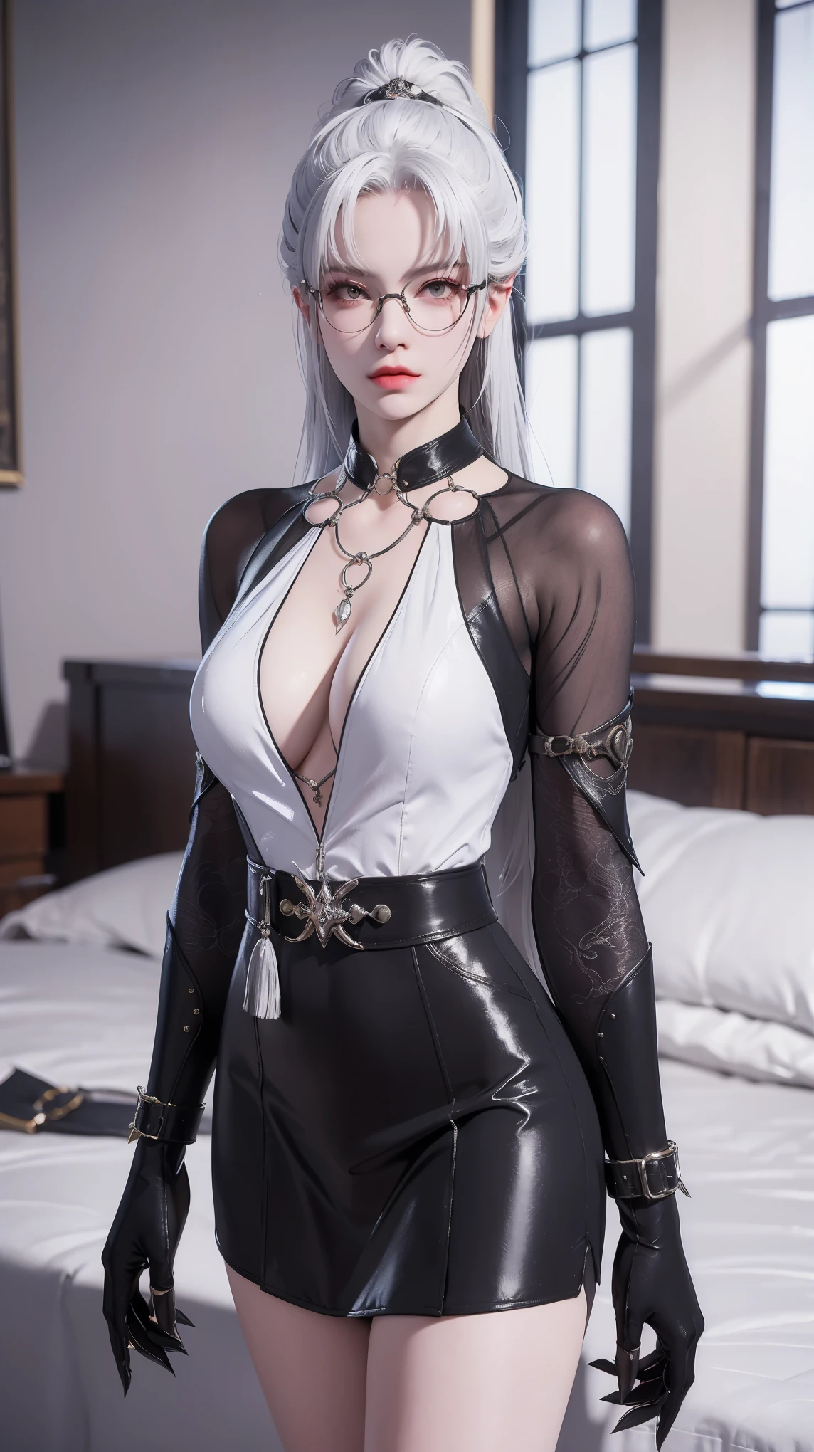 Domineering female CEO,Slim,White hair,长White hair,Lying in bed,Full body portrait,Black hose,(Top view),Close-up,wear glasses,Wearing a black suit,miniskirt