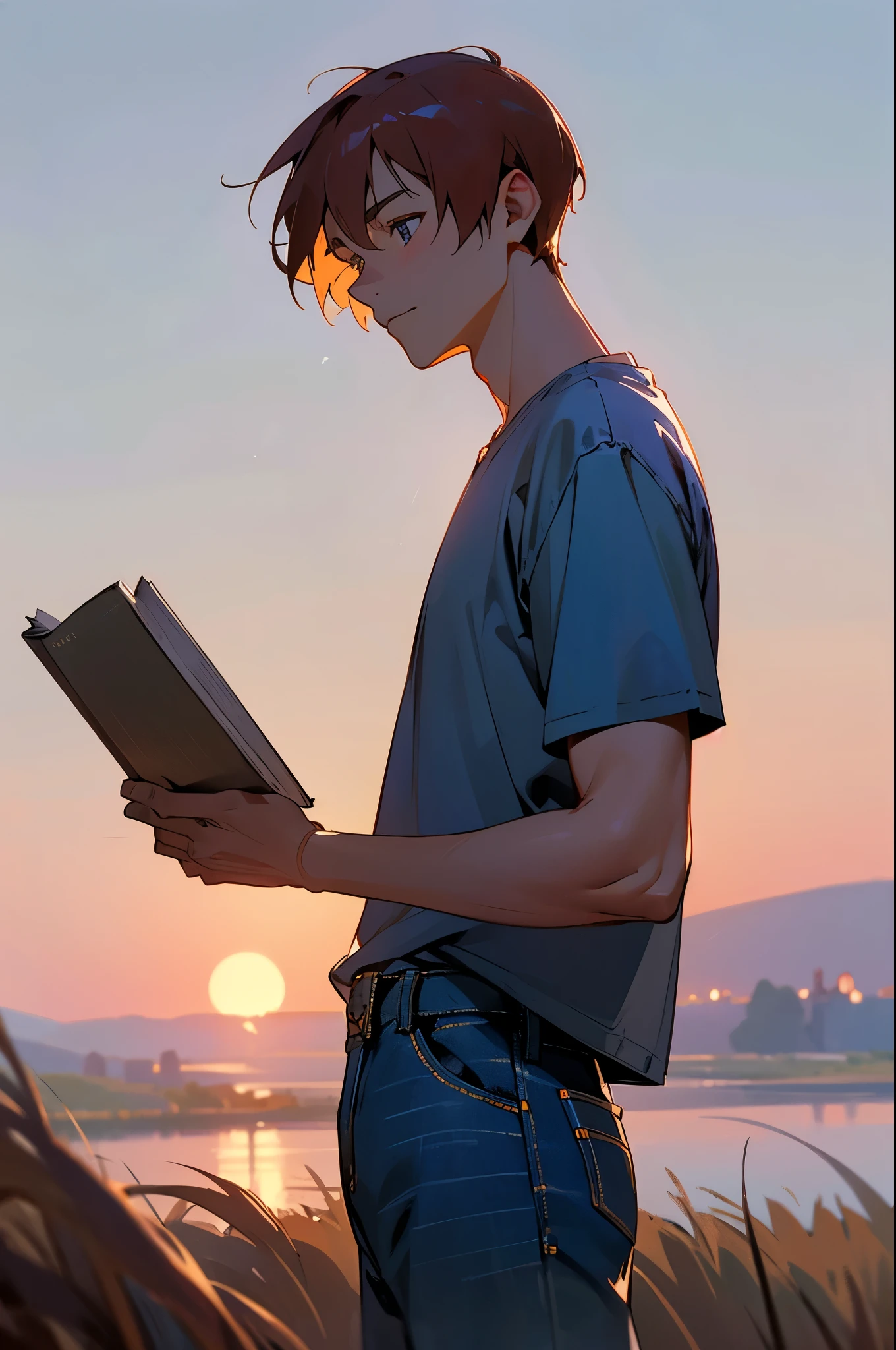 - Warm copper skin, blue-gray eyes, calm adult male, serene expression, dusk, 8k resolution, countryside, soft twilight, short hair, close-up shot, simple shirt, reflective look, lapis lazuli ring, average build, no blemishes, book in hand, relaxed jeans.