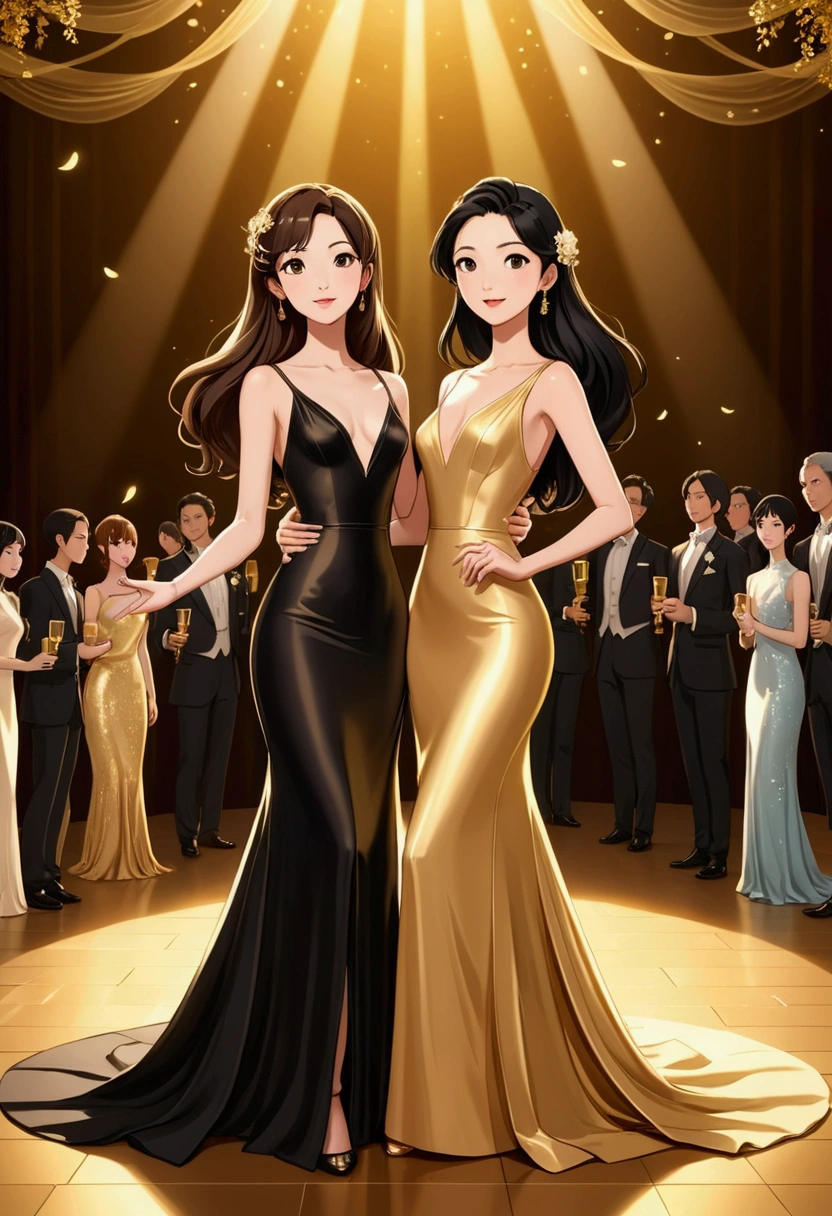 Name "ANILPIN WORLD PREMIERE
(#TheLoyalPinGalaPremiere)" in an elegant dynamic 3d golden font to an idyllic image of TWO beautiful women in Anime Illustration style, deeply in love. One with long, straight brown hair, delicate British features, dressed in a beautiful, long, elegant, tight, floor-length black dress, and the other is Asian, with long, straight black hair, dressed in a tight, elegant, floor-length gold dress. They are on a stage singing together. They are radiant and happy. illustration, 3d render, photography, realistic, anime, photography. , poster, fashion, portrait photography