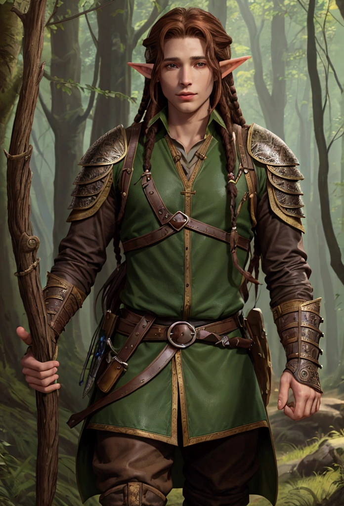 make a character of D&D young man a half-elf woodland Ranger, with dreadlocks in the brown hair behind, with leather armor and a bow in hand.