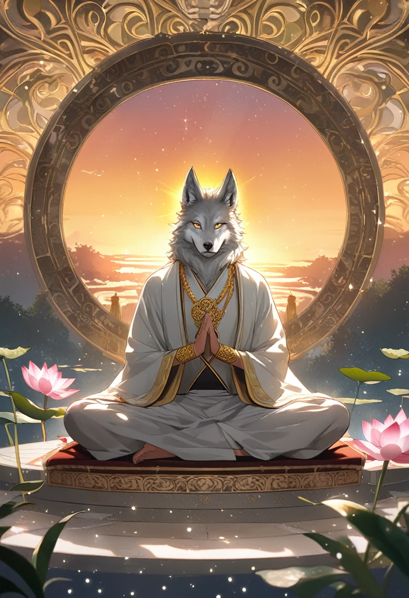 novel illustration, cover page, highres, top quality, best quality, paid reward available, unparalleled masterpiece, perfect artwork, absurdres, High-quality illustrations, super high resolution, detailed background, perfect anatomy, male wolf monk in the garden,dreamy background,lotus position,put one's palms together,The Sanskrit golden wheel behind it,Flying golden Sanskrit,kindness, divinity, divine light, holy light, boundless light, magnificent sunset background, octane render, gorgeous features, beautifully detailed eyes,intricate fur, detailed face, perfect skin texture,extreme details, full body view, cinematic lighting, professional lighting, centered, looking at camera, 8k,shot with Hasselblad X1D-50, maximum focus, depth of field, perfect lighting, light particles, sharp focus,light particles