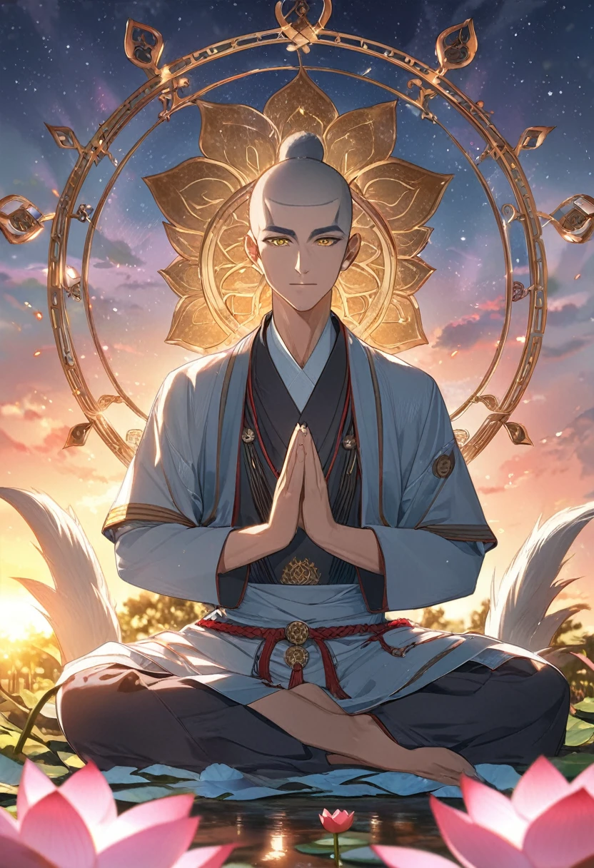 novel illustration, cover page, highres, top quality, best quality, paid reward available, unparalleled masterpiece, perfect artwork, absurdres, High-quality illustrations, super high resolution, detailed background, perfect anatomy, male wolf monk in the garden,dreamy background,lotus position,put one's palms together,The Sanskrit golden wheel behind it,Flying golden Sanskrit,kindness, divinity, divine light, holy light, boundless light, magnificent sunset background, octane render, gorgeous features, beautifully detailed eyes,intricate fur, detailed face, perfect skin texture,extreme details, full body view, cinematic lighting, professional lighting, centered, looking at camera, 8k,shot with Hasselblad X1D-50, maximum focus, depth of field, perfect lighting, light particles, sharp focus,light particles