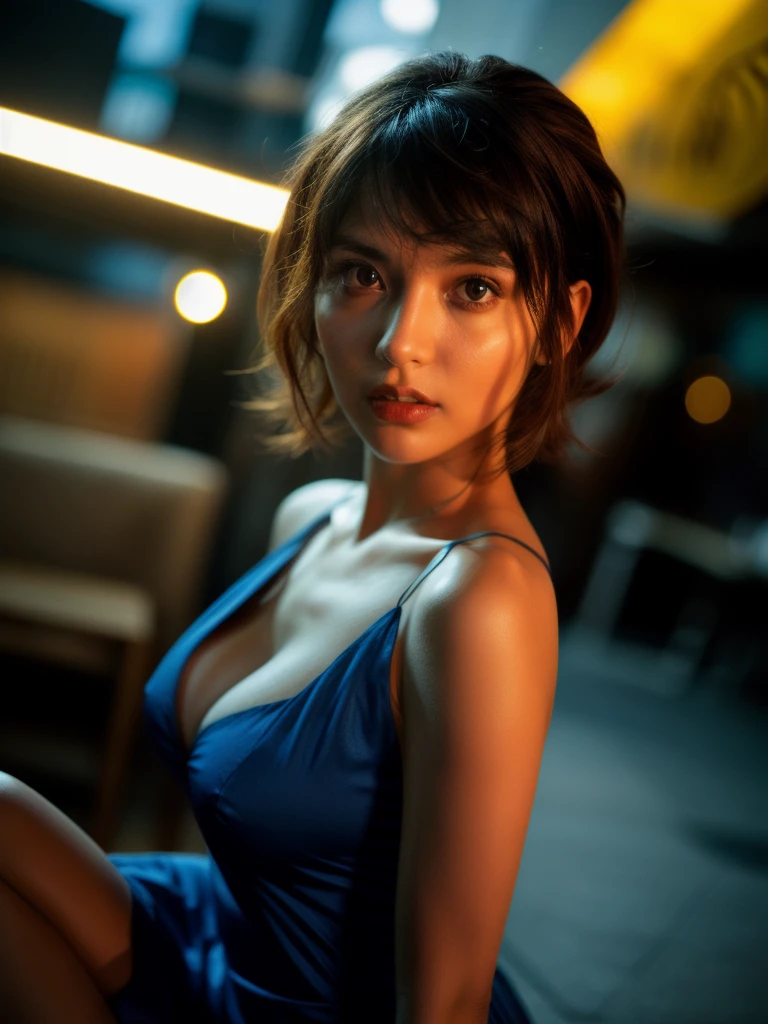 (Dynamic medium shot:1.2), (Best quality:1.5), blue sky, (fallen leaves), 23y, 1girl, indonesian, (big breast), red sexy night dress, (cute face:1.4), wavy short hair blowing in the wind, (bangs:1.2) dramatic sexy posing in 90s tokyo cafe, happy, kodacrhome, cinematic lighting, beautiful shadow, sunlight, aesthetic, ultra highres, sharp focus, highly detailed, perfect object, film bokeh, surreal view, shot by eos c with 35mm lens, (shot fom below:1.3), Portrait by annie leibovitz, midjourney v6