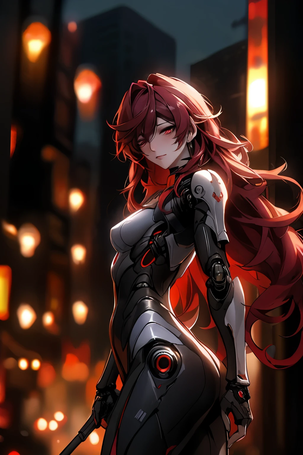 ((คุณภาพดีที่สุด)), ((ผลงานชิ้นเอก)), (รายละเอียด), 1สาว, black armor, long Red hair, กระโปรงสั้น, Red eyes, หน้าอกใหญ่, city background, night, เหมือนจริง, 8k, cyborg, cyberpunk, natural lighting, soft lighting, sunlight, HDR (High Dynamic Range), Maximum Clarity And Sharpness, Multi-Layered Textures
