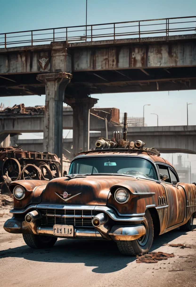 faithful image of an old rusty 1955 cadilac eldorado with METAL spikes on the hood, War vehicle, WITH MANY THORNS AROUND. THICK WHEELS, front with a rusty checkered metal anti-zombie grille; military style with modifications, the car races on a street suspended over a destroyed white concrete overpass in the center of a post-apocalyptic city with many buildings around, steampunk car, dramatic art, dieselpunk art style, apocalyptic road warrior vibe, there is a girl with sunglasses driving in the car, surreal digital art, mad max inspired, heavy metallic artwork, chrome face symmetry, arte steampunk digital, this&#39;It&#39;s not the Mad Max style, metallic art, this&#39;s not Filip Hodas&#39; artwork style, steampunk digital art, dieselpunk, in a hightech world, photo on the diagonal