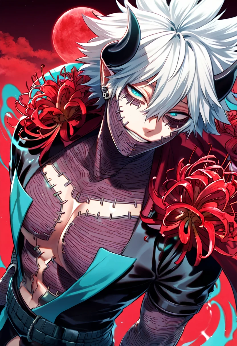 absurdres, highres, ultra detailed, HDR, master piece, best quality, Dabi, white hair, expressive turquoise eyes, Boku No Hero Academia, solo, sexy man, handsome, horny, demon, horns, black leather clothes, red cape, accessories, showing the chest, red sky, red moon, red trees, red spider lilies, fantasy, dark magic, magical