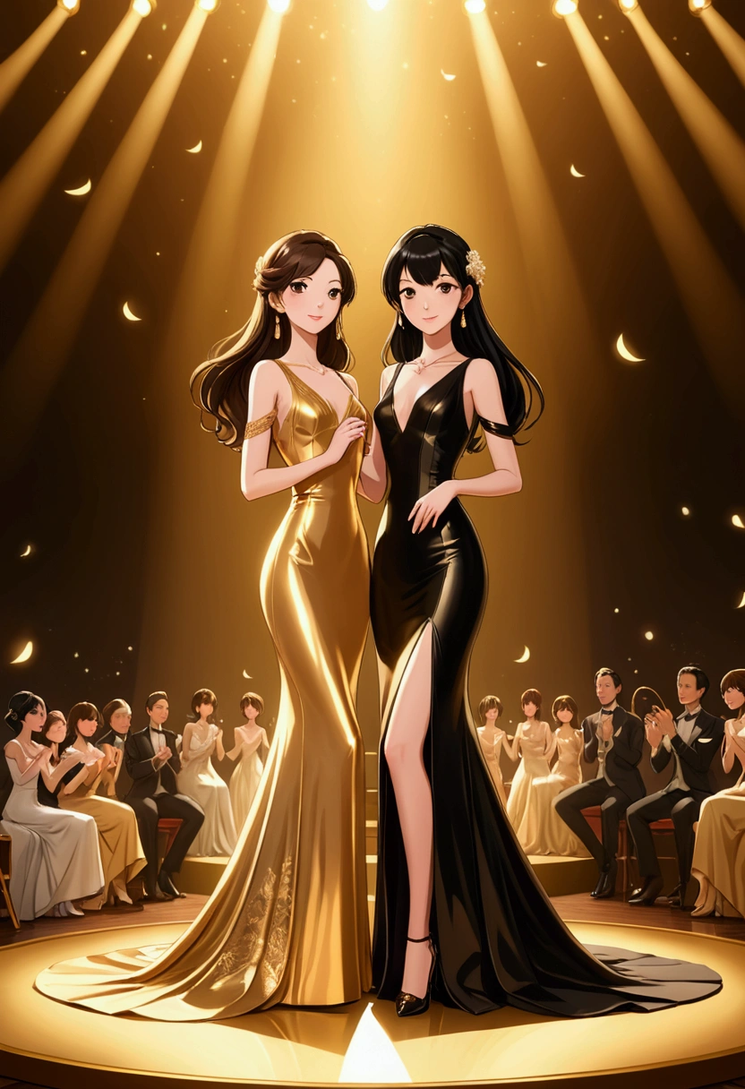 Name "ANILPIN WORLD PREMIERE
(#TheLoyalPinGalaPremiere)" in an elegant dynamic 3d golden font to an idyllic image of TWO beautiful women in Anime Illustration style, deeply in love. One with long, straight brown hair, delicate British features, dressed in a beautiful, long, elegant, tight, floor-length black dress, and the other is Asian, with long, straight black hair, dressed in a tight, elegant, floor-length gold dress. They are on a stage singing together. They are radiant and happy. illustration, 3d render, photography, realistic, anime, photography. , poster, fashion, portrait photography