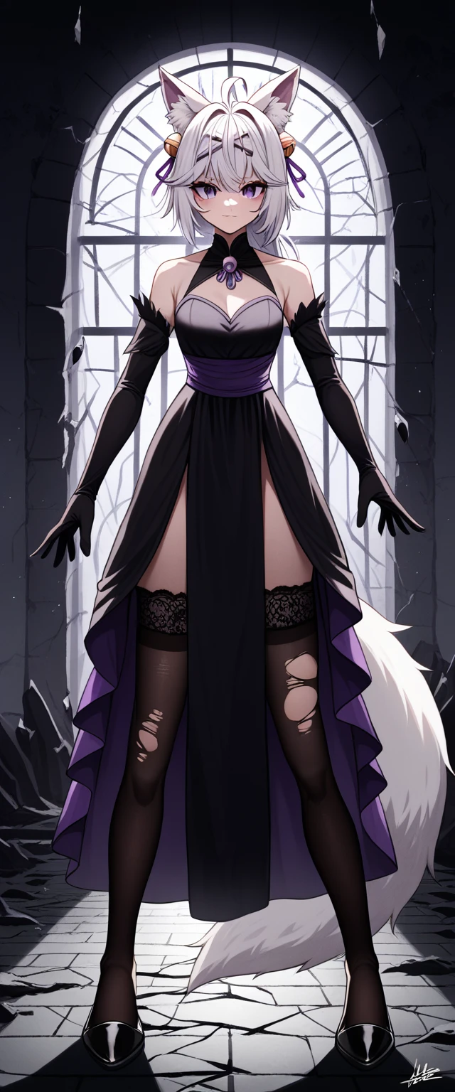 UHD, masterpiece, best quality, ((Night)), ((castle ruins)), ((battlefield)), ((destroyed empty throne)), ((destroyed walls)), broken glass, broken window, messy background, scary background, dramatic lighting, moody atmosphere, scary atmosphere, 1girl, solo, royalty, ((pageant pose)), conservative pose, black gown with purple ribbon, high 1slit dress with purple lining design, very elegant dress, Filian, ((fox tail)), ((small cat ears)), white hair, short hair, ((long hair ponytail)) , ahoge, hairclip, hair bell, big round eyes, deep purple eyes, ((dark purple eyes)), blush, closed mouth, seductive smile, black lace arm sleeve, black gloves, thick arms holding royal staff, ((black lace stockings)), thick legs, black high heals, Eye-Level Shot, full body pose, elegant pose, front view