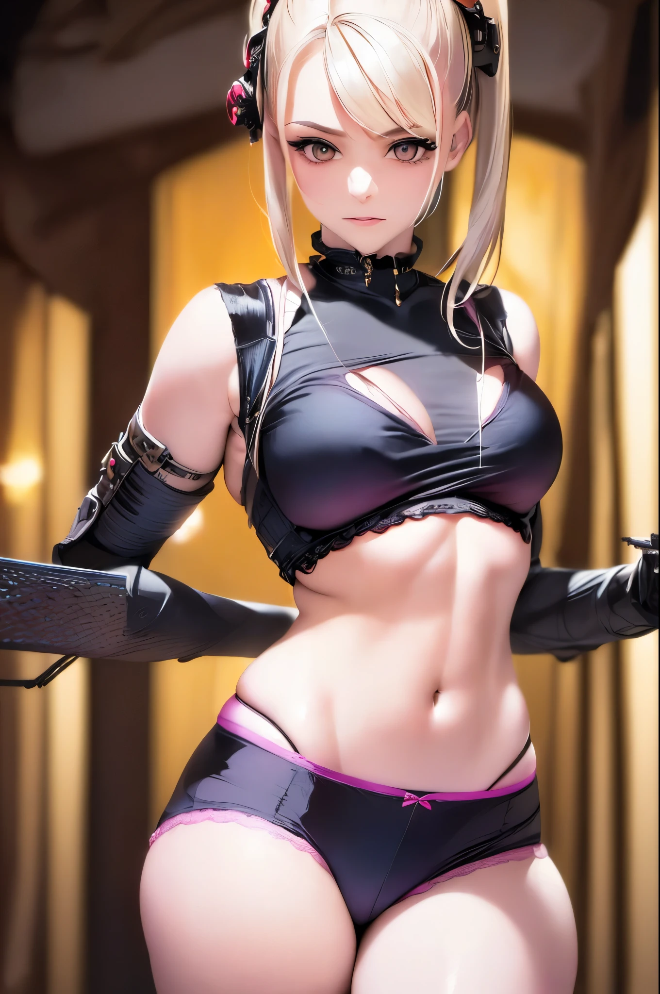 a futuristic female warrior holding a katana, (finely detailed skin), pale skin, (in a deep neckline highly detailed sexy futuristic cyberpunk black crop top and underpants made of circuit boards, japanese words with a flare effect, beautiful epic composition, futuristic, masterpiece, appealing, posing for a photo