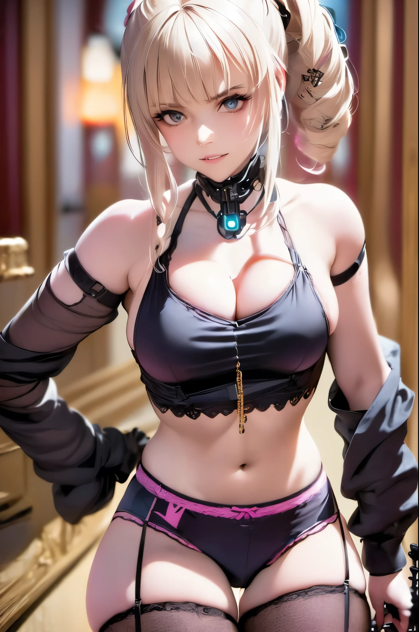 a futuristic female warrior holding a katana, (finely detailed skin), pale skin, (in a deep neckline highly detailed y futuristic cyberpunk black crop top and underpants made of circuit boards, japanese words with a flare effect, beautiful epic composition, futuristic, masterpiece, appealing, posing for a photo