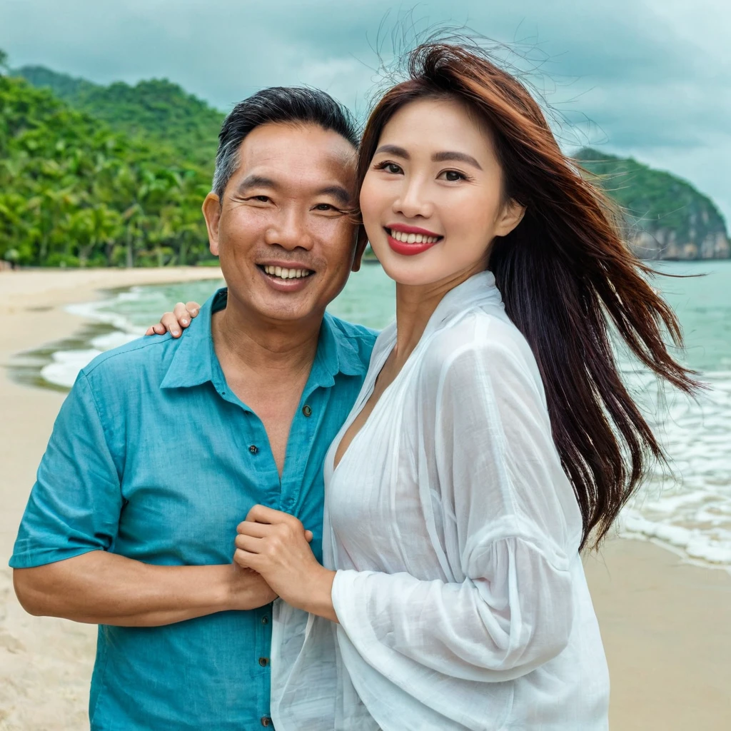 Adult male from Vietnam 50 years old, next to a beautiful young sexy girl , very happy, standing in clothes on the beach, looking at the camera