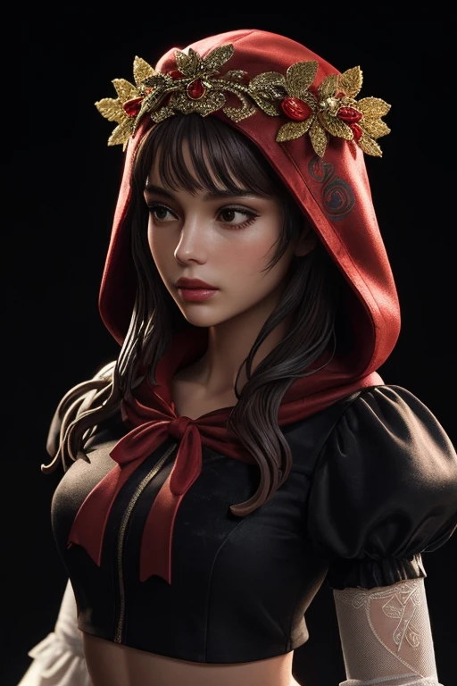 ((extreme detail)),(ultra-detailed), extremely detailed CG unity 8k wallpaper, velvet, figurine, red hood, crop top, star headdress, puffy sleeves, lips, looking away, close-up, head turn, black background