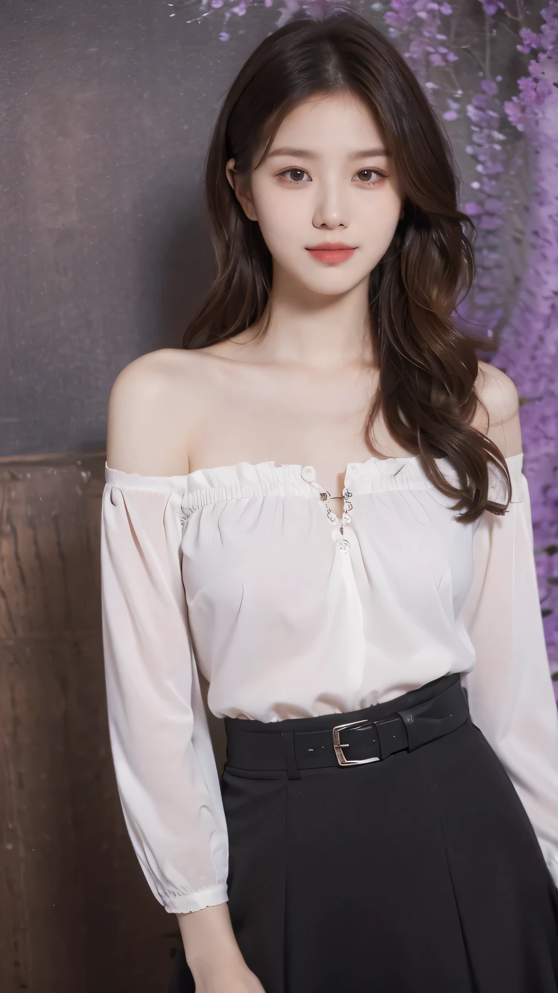 detailed background, masterpiece, best quality, 1 person , curly hair, long hair, purple eyes, star in eye, Strapless blouse, long skirt