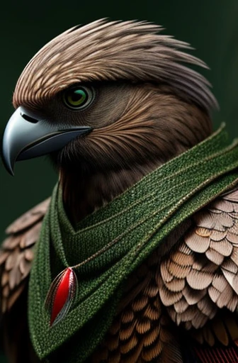 a light brown feathered male aaracocra bird, humanoid, detailed face and eyes, red tipped wings, dark green highlights around face, bird head, hawk beak, intricate feather details, realistic, masterpiece, fantasy, dungeons and dragons, detailed textures, dark green and red highlights