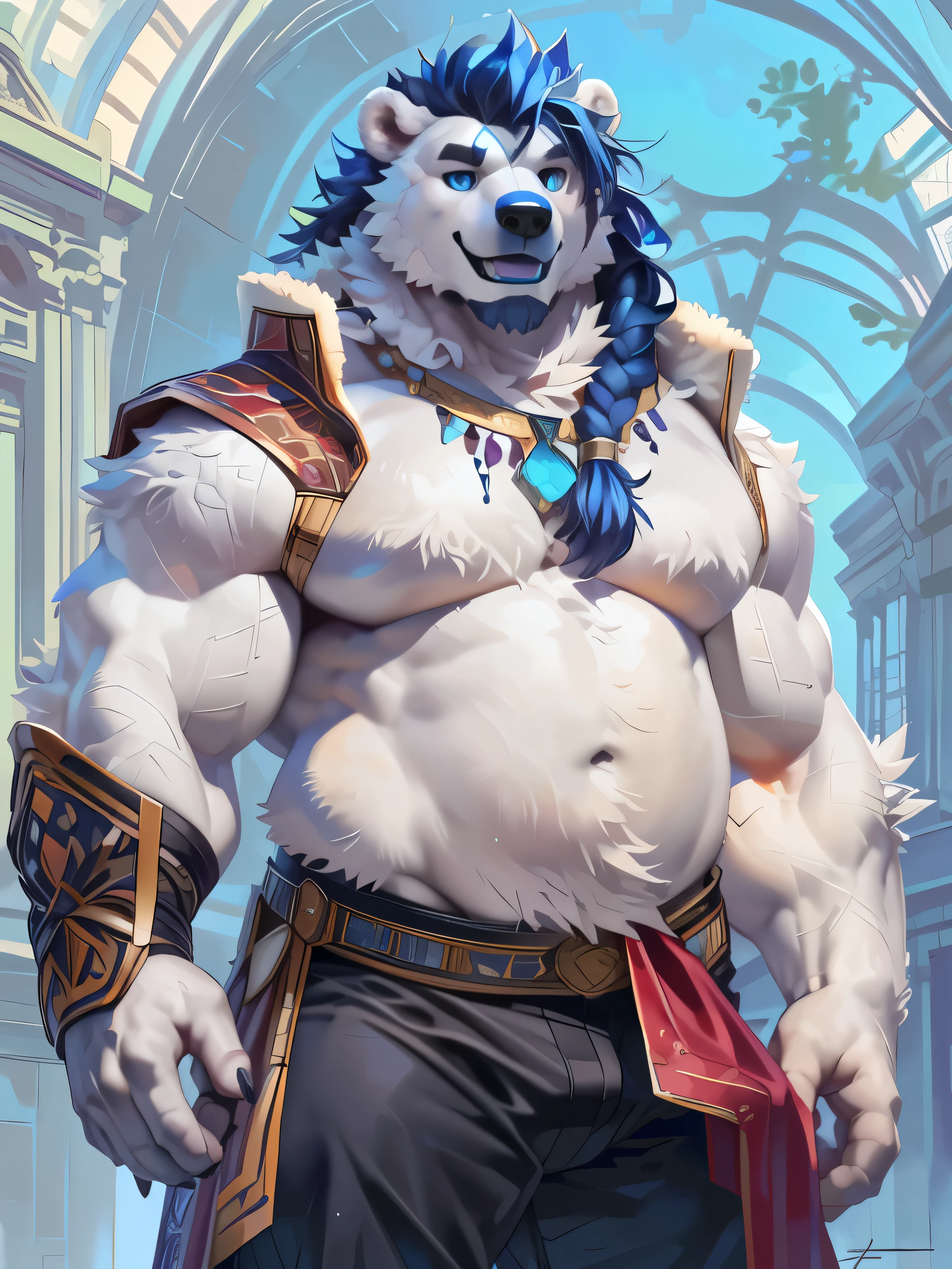 solo,anthro,furry,furry male, Polar bear, ((fluffy fur,fluffy,furry body)), (blue fur, Polar bear), (white body), eye line, chubby, big muscles Braided beard, sky blue eyes, decorative coat, tail, long hair, regal hair, braids, detailed fluffy fur, white chest, white belly, detailed face, detailed eyes, decorative uniform, gold accessory, braided hair, slack pants, sleeveless, detailed chest, detailed belly, black slack pants, decorative coat, blue coat, gold trimmings, nubby tail, bear tail, full body, claws, fantasy grand monastery, (by null-ghost,by raccoon21, masterpiece, high quality,hi-res,8k had), standing pose,close-view portrait, looking at viewer, indoor, lights, happy expression, calm, happy, smile, open mouth, blue tongue, (blue scar), dark shadows, young, hands in pockets,