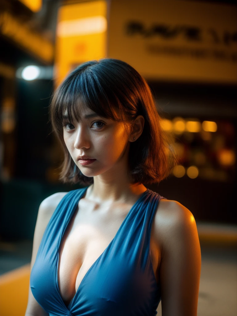 (Dynamic medium shot:1.2), (Best quality:1.5), blue sky, (fallen leaves), 23y, 1girl, indonesian, (big breast), red sexy night dress, (cute face:1.4), wavy short hair blowing in the wind, (bangs:1.2) dramatic sexy posing in 90s tokyo cafe, happy, kodacrhome, cinematic lighting, beautiful shadow, sunlight, aesthetic, ultra highres, sharp focus, highly detailed, perfect object, film bokeh, surreal view, shot by eos c with 35mm lens, (shot fom below:1.3), Portrait by annie leibovitz, midjourney v6