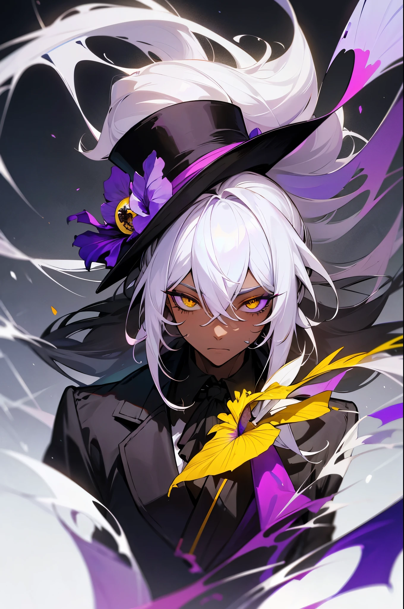 heterochromia, darkskin, top hats,long  hair,mascle, formal, flowers, Ascot, suit,flowers preta,Pink,Man,Black eye, yellow eye, he is wearing a top hat, (A cracked glass eye with black sclera and purple iris), (an eye with yellow iris), Cracked face,black headwear, hair between the eyes, multicolored wildly hair, blackquality hair, white hair,grim-hatter,Man
