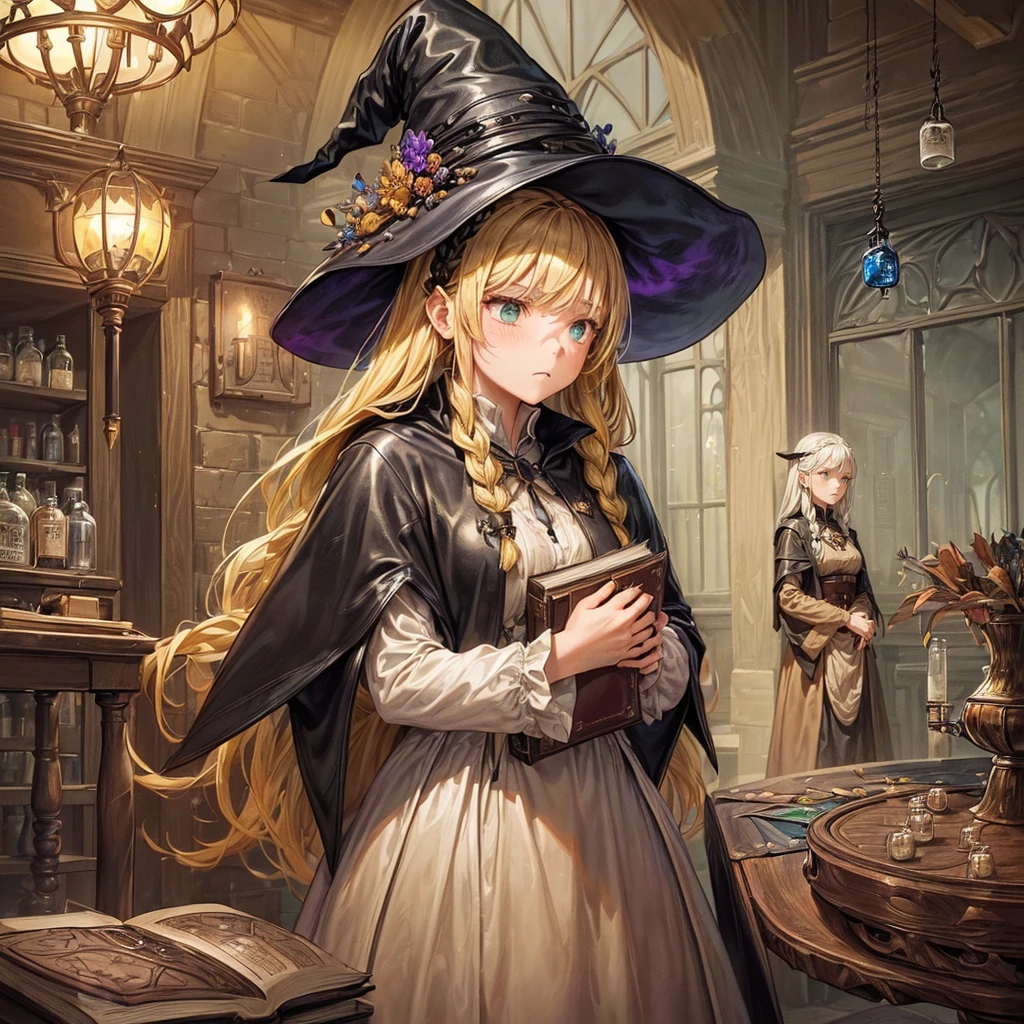 (A witch in her 25s holding a thick leather-bound book.:1.3)、 Beige dress with black cape、Dark brown boots、Green Eyes、Flaxen long braided hair、 Worried face、Large sapphire brooch、Sunroom、Chemical experiments、cauldron、There are many dried flowers hanging from the ceiling、(Colors on the table々Many different colored medicine bottles:1.2)