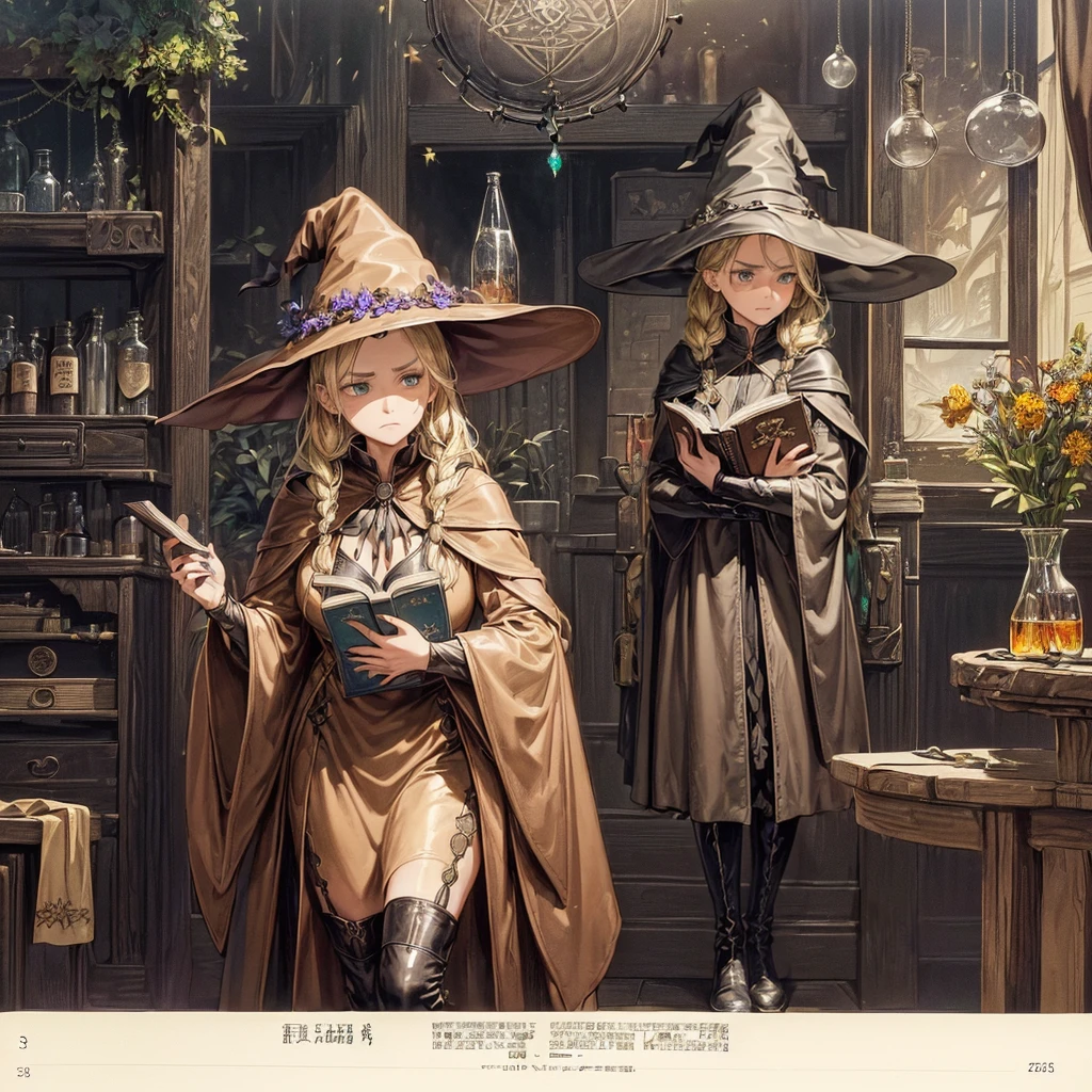 (A witch in her 25s holding a thick leather-bound book.:1.3)、 Beige dress with black cape、Dark brown boots、Green Eyes、Flaxen long braided hair、 Worried face、Large sapphire brooch、Sunroom、Chemical experiments、cauldron、There are many dried flowers hanging from the ceiling、(Colors on the table々Many different colored medicine bottles:1.2)