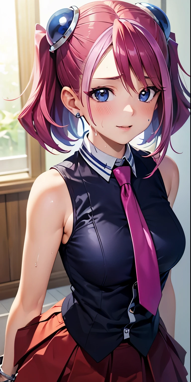 1 Female,High definition,high resolution,Ultra-realistic,8K, hy1, hair ornament, multicolored hair, necktie, skirt, sleeveless, , pink skirt, tight skirt,miniskirt, jewelry,European,sexy,Upper body close-up,Photographed from the front,Dynamic Angles,blush, medium , happy, wink the eye,facial, sweat,multicolored hair 