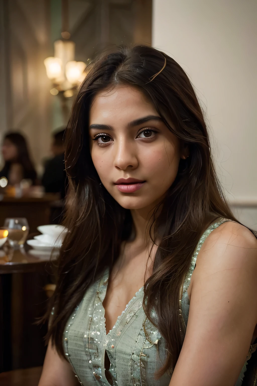 (best qualityer, ultra detali, perfect proportion, work of art:1.2), studio lighting:0.7, Photorealistic portrait of a beautiful Pakistani woman in a cafe, turning her head to the side to show off a stunning earring to the camera. The woman should have a highy detailed face (highly detailed skin) with soft, luminous skin. Your long hair should be naturally brown and stylish. (sharp focus on face, perfects eyes:1.2). (ISO 400, Lente 30mm RAW f1.8 opening, highy detailed) para criar a impressão de Analog photography (Analog photography:1) com cores HDR,  the realistic and elegant scene. Maya Ali
