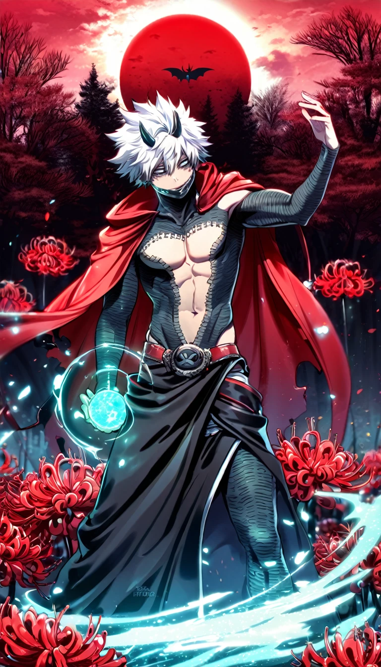 absurdres, highres, ultra detailed, HDR, master piece, best quality, Dabi, white hair, expressive turquoise eyes, Boku No Hero Academia, solo, sexy man, handsome, horny, demon, horns, lewd, black leather clothes, red cape, accessories, showing the chest, red sky, red moon, red trees, red spider lilies, fantasy, dark magic, magical