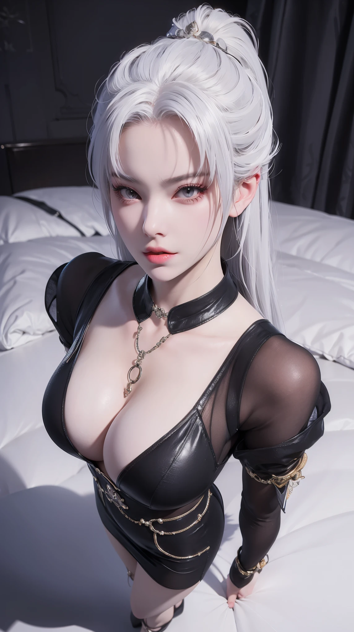 Domineering female CEO，Slim，White hair，长White hair，Lying in bed，Full body portrait，Black pantyhose，（top view），close up，wear glasses，Wearing a black suit，mini skirt