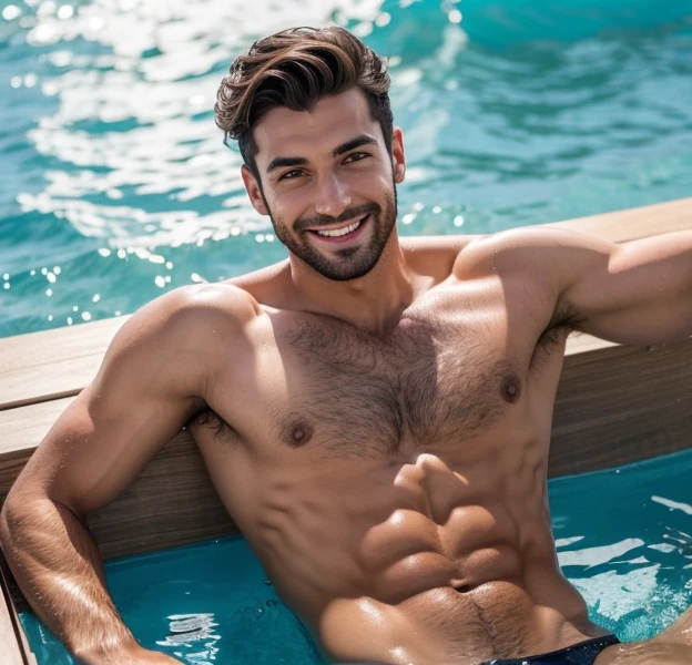 Jeune homme, italien, torse velu,Regardant le spectateur,Sourire Séduisant, Cheveux Noirs, Cheveux Courts,portant un maillot de bain,avec des jambes veluesPlan Américain,
