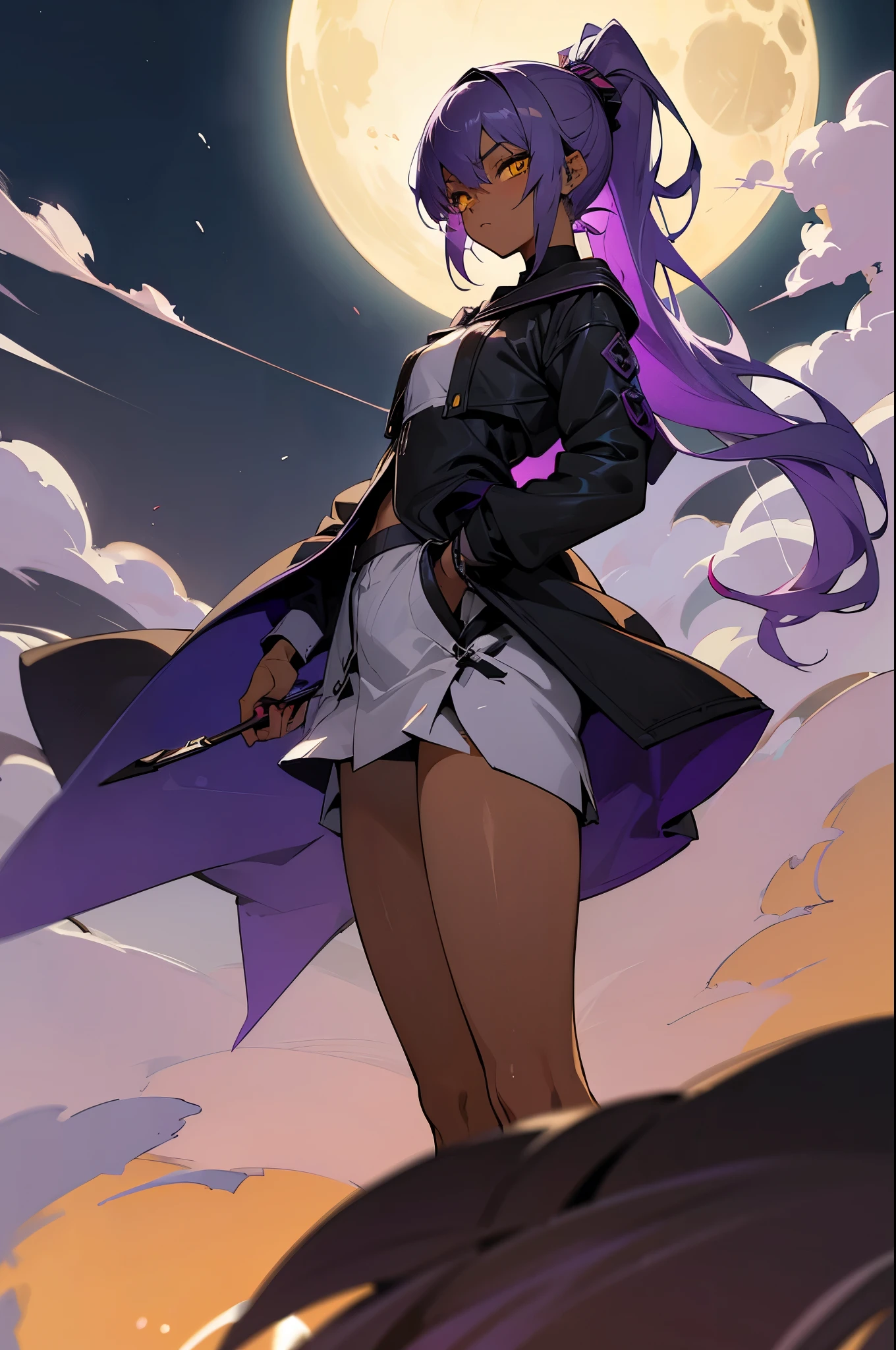 Big breasted dark skinned anime girl with lavender/yellow eyes holding a kunai in front of a full moon, in an anime style, anime style character, in anime style, inspired by Jin Homura, flat anime style, hetrochromia. Dark skinned woman wearing an hooded leather jacket in an off-shoulder manner. Hair bangs covering left eye, ponytail