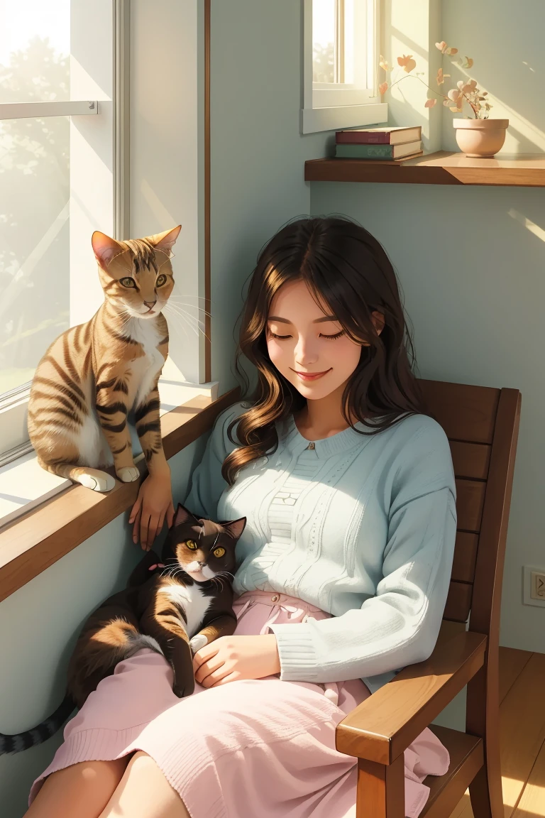 1girl,cat,girl with cat,sunlit room,cozy atmosphere,warm and inviting,home environment,bright afternoon sunlight,window seat,books,smiling girl,peaceful,serene setting,soft colors,girl with cat enjoying sunlit room,beautiful interior,relaxed vibe