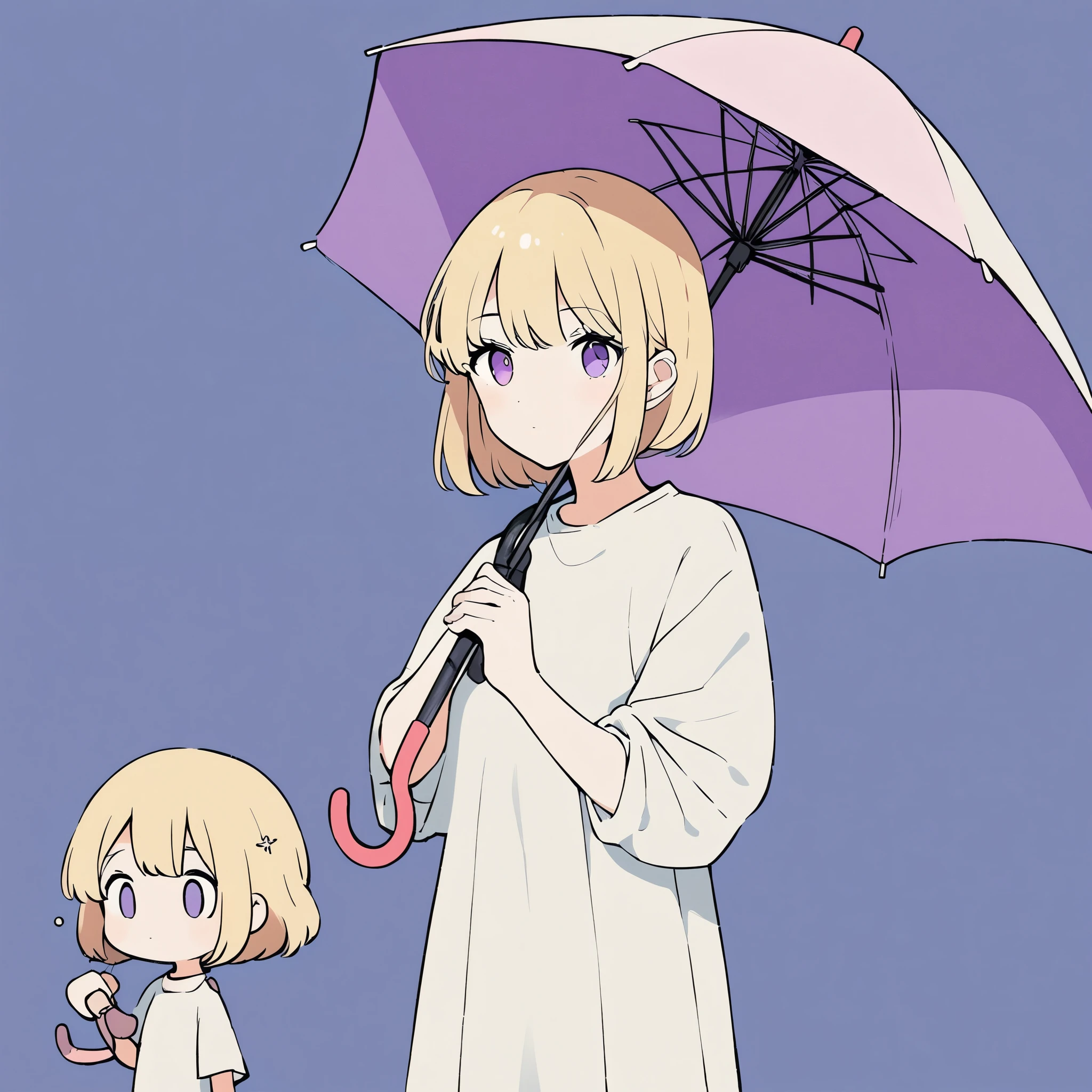 Simple stuff,Minimalist illustration, A blonde girl with purple eyes is holding an umbrella