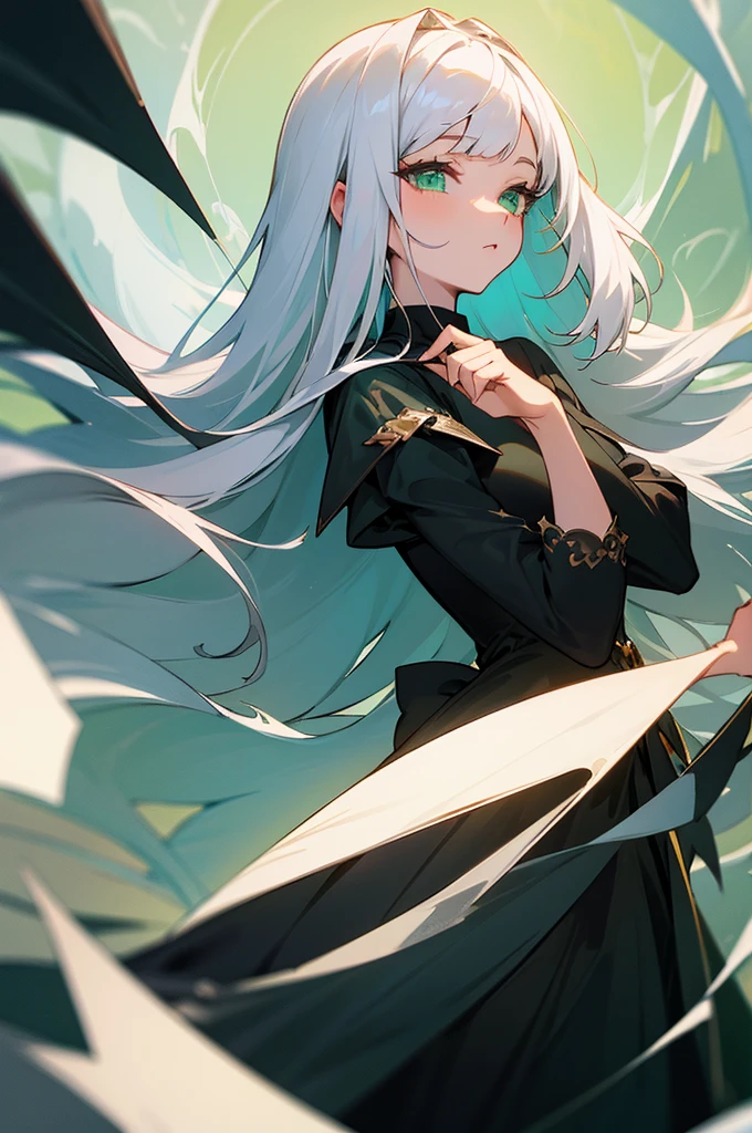 masterpiece, best quality, 1 lady, solo, masterpiece, charming, magical, fantastically beautiful, illustration, white hair with bangs, long hair, sharp eyes, green eyes, black dress
